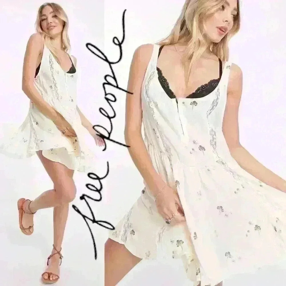 FREE PEOPLE Mini Give Me A Little Lace Insert Slip Dress in Ditsy Pattern